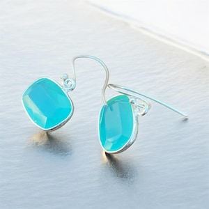 Aqua Chalcedony Sterling Silver Earrings: Bezel Hoop Dangle
