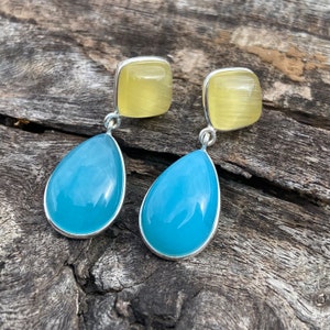 Blue Chalcedony Dangle Earring 925 Sterling Silver Young Girls Charm Earring Yellow Monalisa Studs Earring Handmade Dainty Earring*****