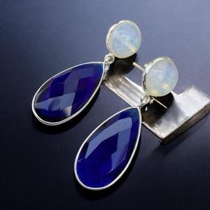 Blue Sapphire Opalite Sterling Silver Earrings: Faceted Dangle Jewelry