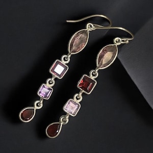 Amethyst & Garnet Sterling Silver Earrings: Handmade Teardrop Dangle