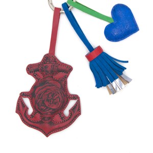 Red anchor,leather key ring,handbag,tassel,small heart,print