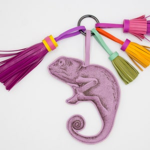 Violet leather chameleon,leather printed key ring,hand made key ring,