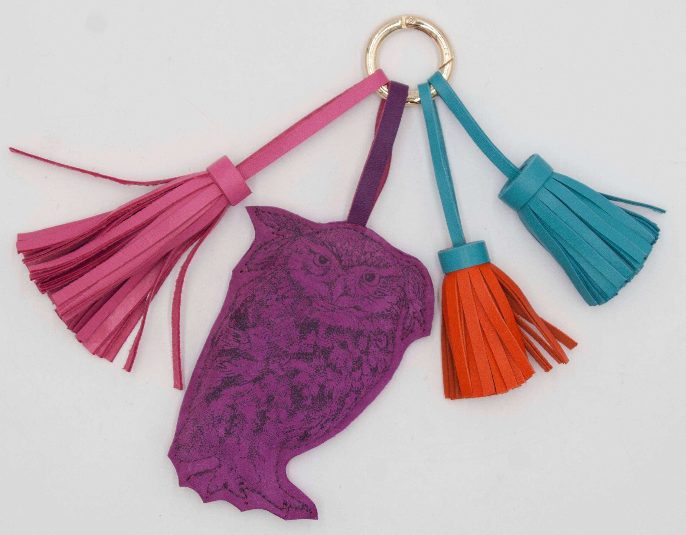 Handmade leather key ring owl handbag tassel print