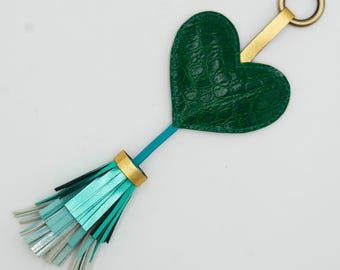 hand made leather charm,green heart,leather tassel,leather keychain,unique key ring