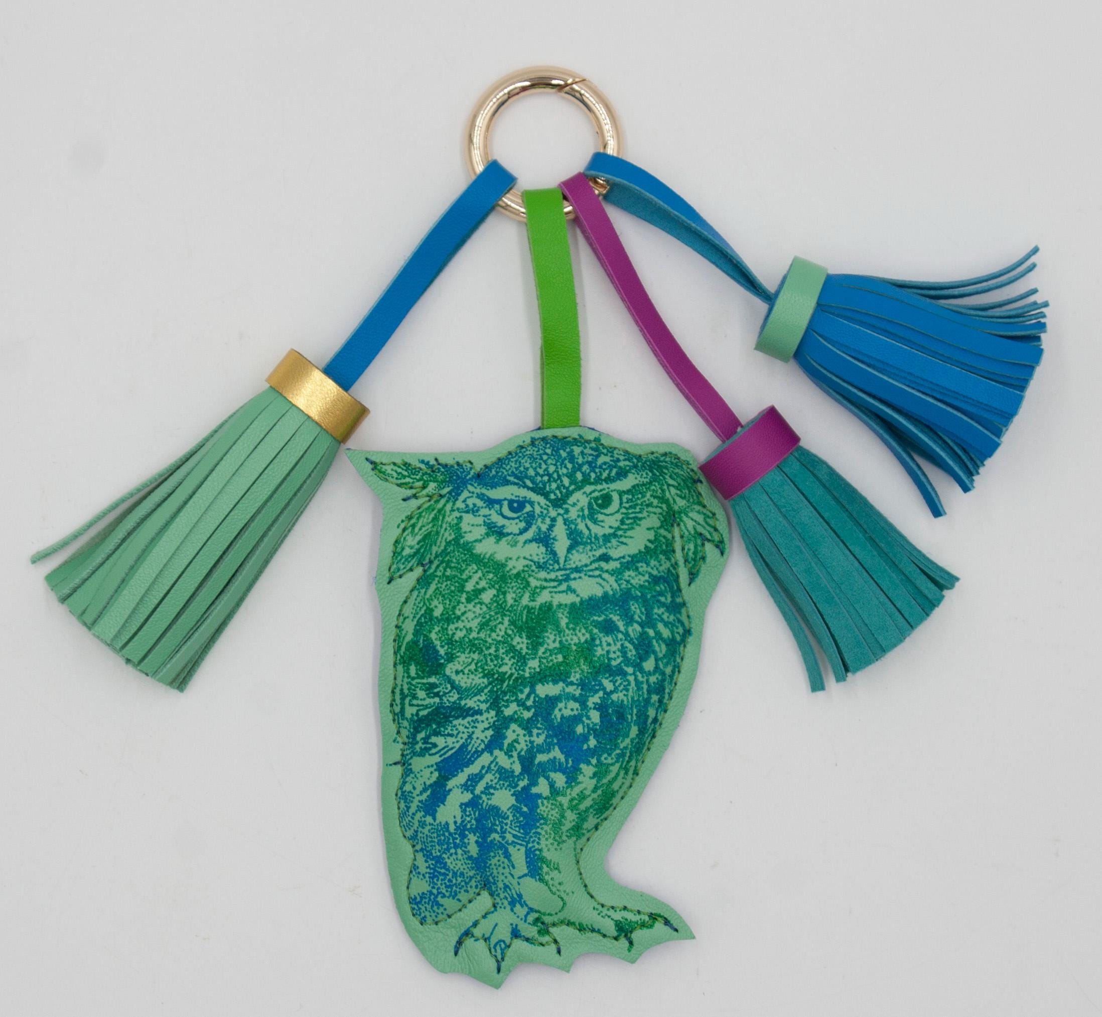 Leather key ring owl handbag tassel print
