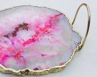 Pink Agate Serving Tray With Brass Loop Handles