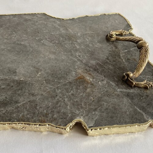 Black Agate Serving Tray With Brass Handles Square Etsy