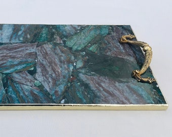 Green Aventurine Agate  Serving Tray With Brass Handles