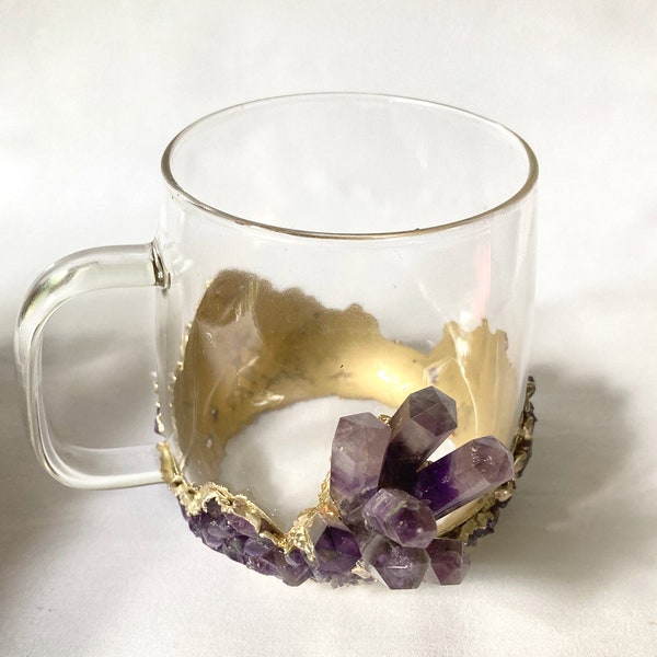 Set of 2 |Crystal Glass Coffee/Tea/Juice Mugs with Gold Plated Purple Amethyst Agate/Quartz Semi-precious Crystals | 17 oz/500 ml