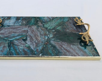 Green Aventurine Agate  Serving Tray With Brass Handles