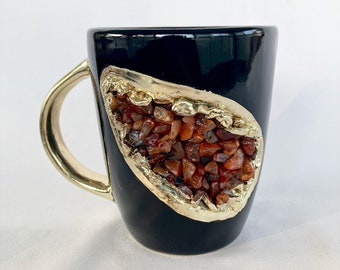 Set of 2 |Personalised Black and Gold Ceramic Coffee/Tea Mug with Red Semi-precious Agate Crystal Gemstones | 8 oz