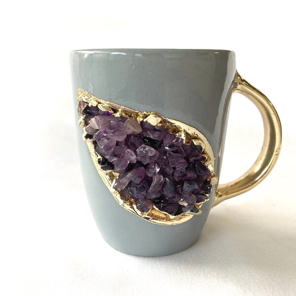 Set of 2 |Personalised Grey and Gold Ceramic Coffee/Tea Mug with Purple Semi-precious Agate Crystal Gemstones| 8 Oz