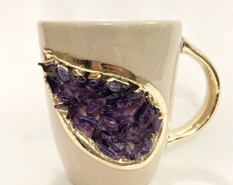 Set of 2 |Personalised Cream and Gold Ceramic Coffee/Tea Mug with Purple Semi-precious Agate Crystal Gemstones | 8 oz