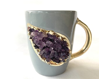 Set of 2 |Personalised Grey and Gold Ceramic Coffee/Tea Mug with Purple Semi-precious Agate Crystal Gemstones| 8 Oz