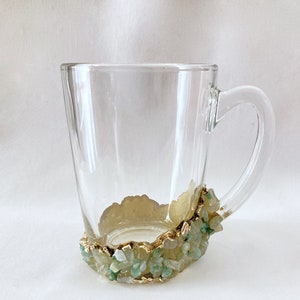 Set of 2 |Crystal Glass Coffee/Tea/Juice Mugs with Gold Plated Agate/Quartz Semi-precious Crystals | 11 oz/320 ml