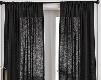 Black - 100% Pure Linen Curtains | Cotton Linen Mix | Two Panels | 2" Rod Pocket | Semi Sheer