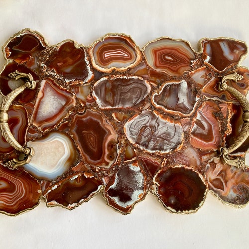 Black Agate Serving Tray With Brass Handles Square Etsy