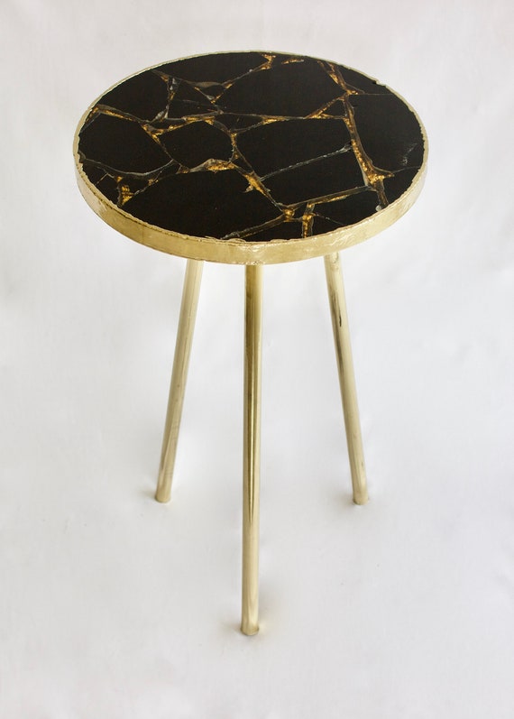 Gold Sparkle Infused Black Agate Round Coffee side Table Etsy UK