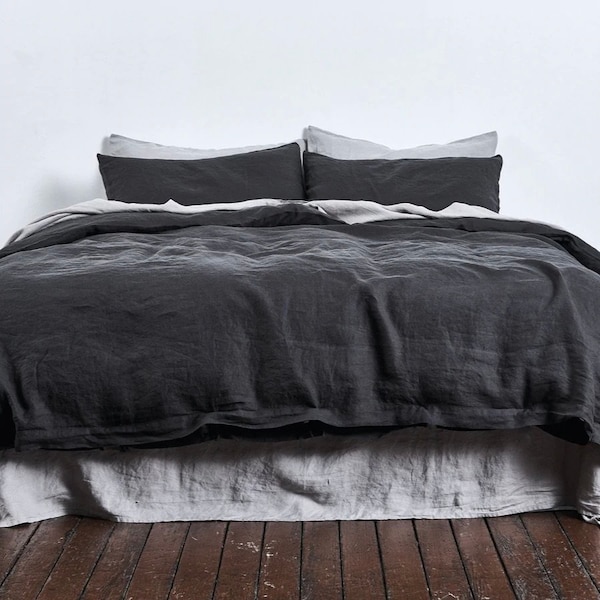 Charcoal Black - 100% Pure Linen | Linen Cotton Mix | 3 Piece Duvet Cover Set | 4 Piece Sheet Set | Handmade | Pre-washed | Soft