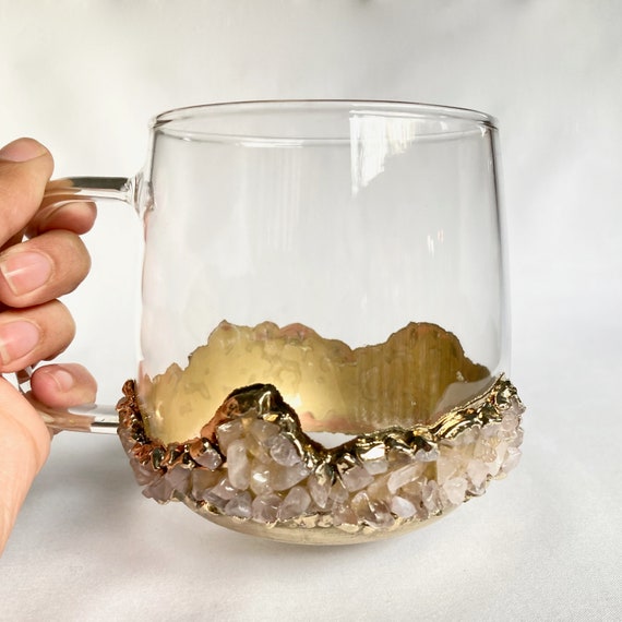 Set of 2 crystal Glass Coffee/tea/juice Mugs With Gold Plated Rose Quartz  Agate/quartz Semi-precious Crystals 17 Oz/500 Ml 