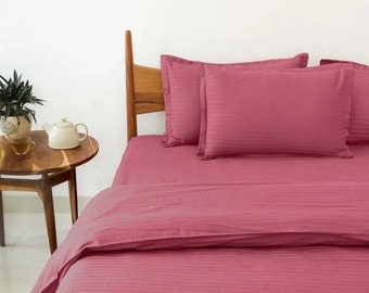 Pink - 100% Cotton Satin Stripe 210 TC  3 Piece Duvet Cover Set OR 4 Piece Sheet Set | Pre-washed | Luxury Soft