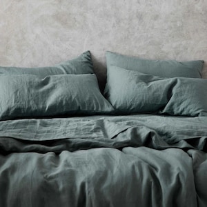 Deep Sea Green - 100% Pure Linen | Linen Cotton Mix | 3 Piece Duvet Cover Set | 4 Piece Sheet Set | Handmade | Pre-washed | Soft