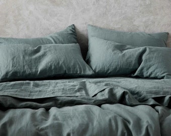 Deep Sea Green - 100% Pure Linen | Linen Cotton Mix | 3 Piece Duvet Cover Set | 4 Piece Sheet Set | Handmade | Pre-washed | Soft