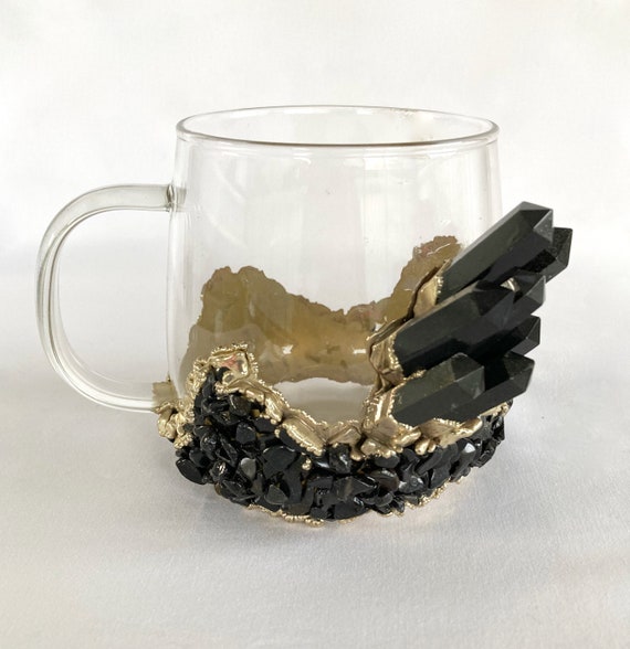 Set of 2 crystal Glass Coffee/tea/juice Mugs With Gold Plated Black  Agate/quartz Semi-precious Crystals 17 Oz/500 Ml 