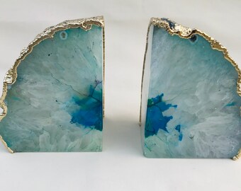 Aqua Agate Bookends with Electroplated Edges