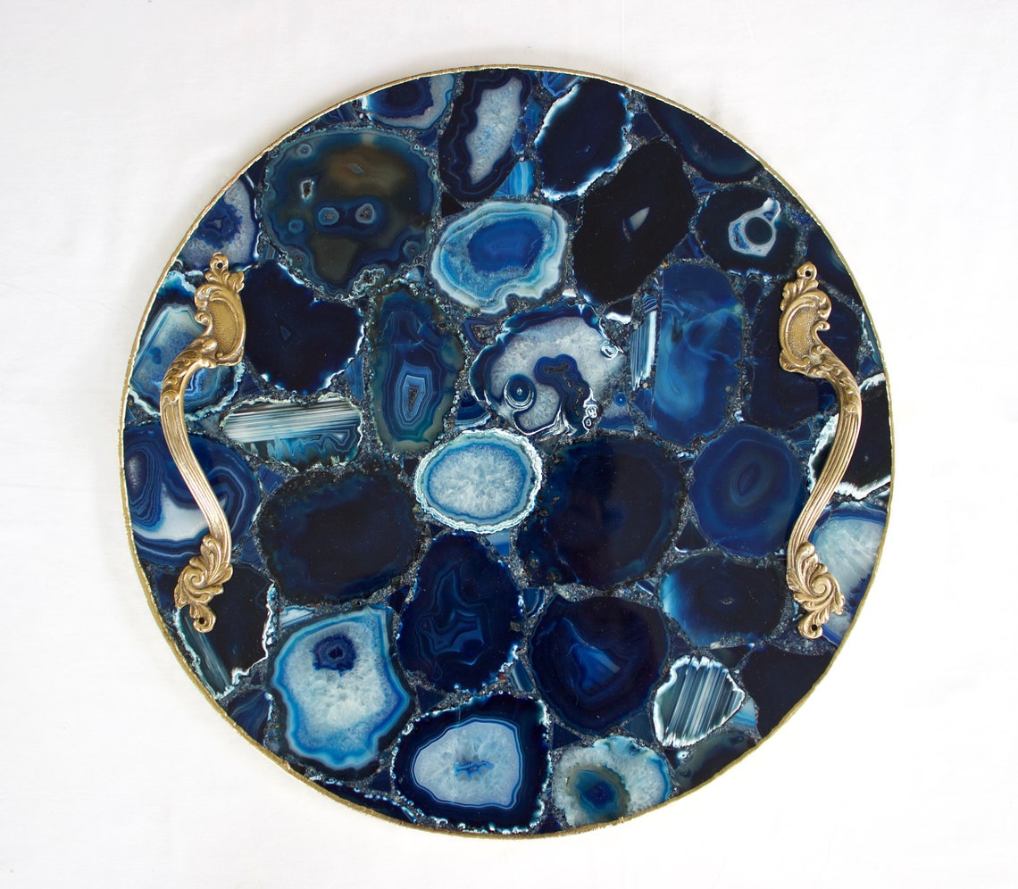 Blue Agate Serving Tray With Brass Handles Circular Etsy