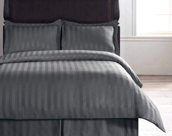 Dark Grey - 100% Cotton Satin Stripe 210 TC  3 Piece Duvet Cover Set OR 4 Piece Sheet Set | Pre-washed | Luxury Soft