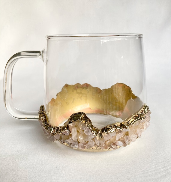 Set of 2 crystal Glass Coffee/tea/juice Mugs With Gold Plated Rose Quartz  Agate/quartz Semi-precious Crystals 17 Oz/500 Ml 