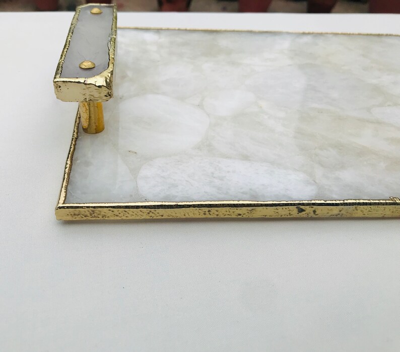 White Crystal Agate Plated Serving Tray With Clear Quartz Etsy