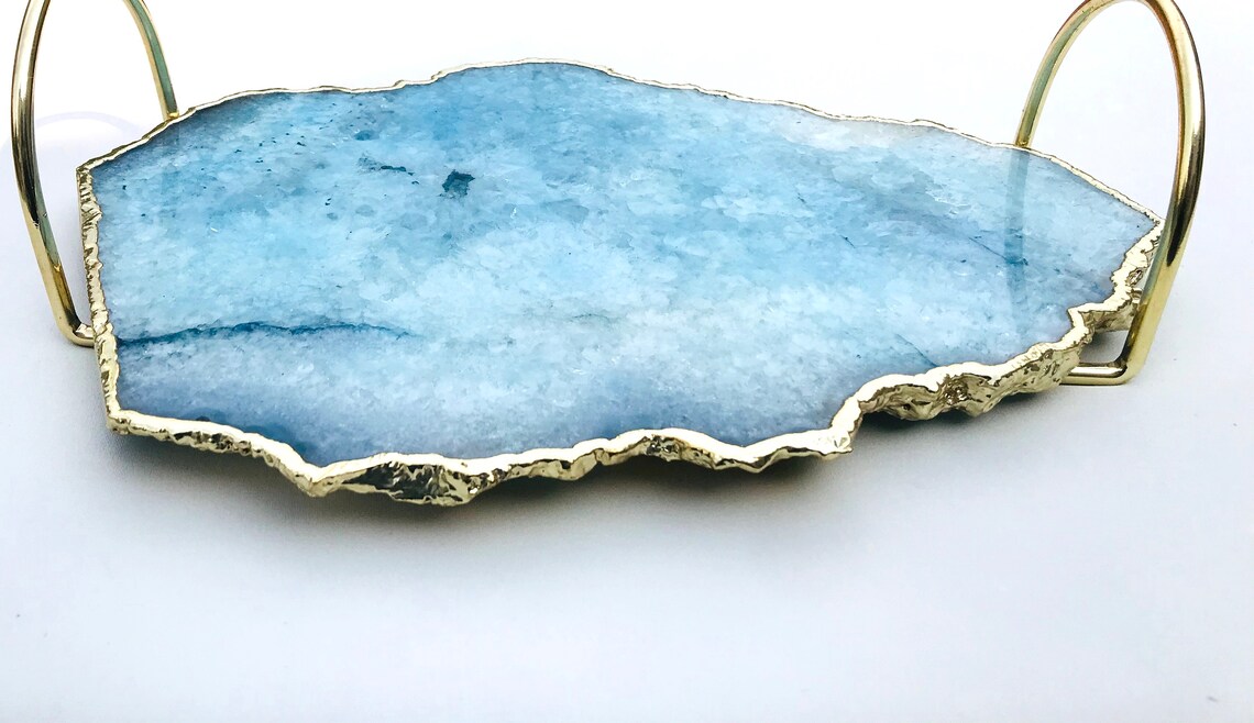 Blue Agate Serving Tray With Brass Loop Handles Etsy