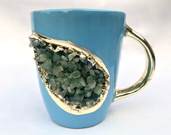 Set of 2 |Personalised Blue and Gold Ceramic Coffee/Tea Mug with Light Green Semi-precious Agate Crystal Gemstones| 8 Oz