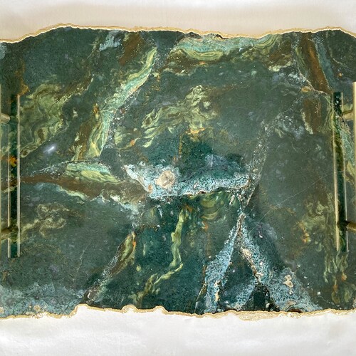 Black Agate Serving Tray With Brass Handles Square Etsy