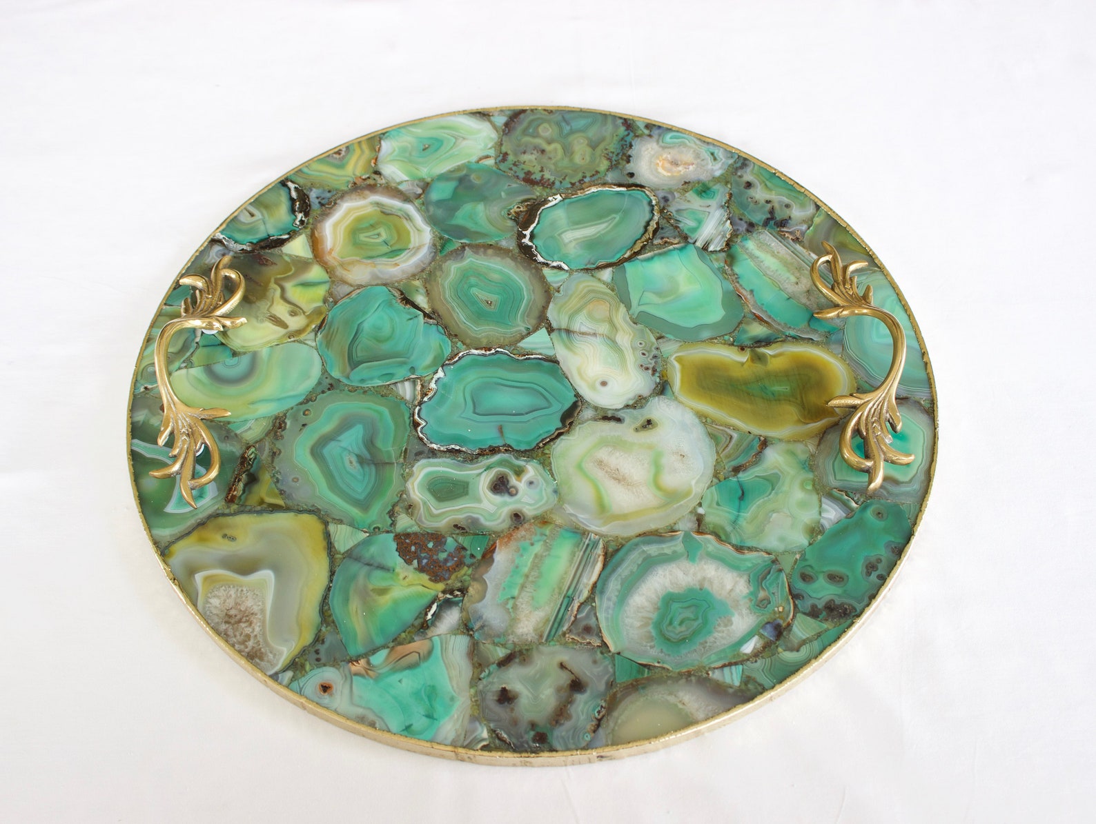 Green Agate Serving Tray With Brass Handles Circular Etsy