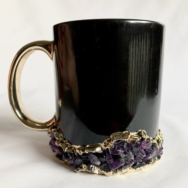 Set of 2 |Personalised Black ,Gold Ceramic Big Coffee/Tea/Juice Mug with Purple Amethyst Semi-precious Agate Crystal Gemstones | 13 oz/385ml