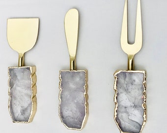 Set of 3 Clear Quartz Agate Cheese Knives/Spreaders
