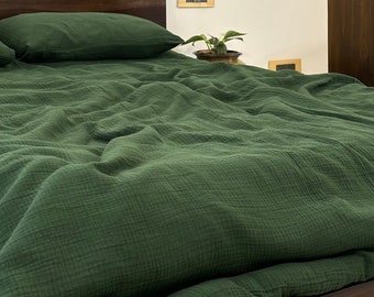 Dunkelgrün - Baumwoll-Musselin | 3-teiliges Bettbezug-Set | Handgefertigt | Vorgewaschen | Weich