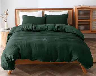 Dark Green - Waffle Weave | Pure Cotton, Pure Linen or Linen Cotton Mix | 3 Piece Duvet Cover Set | Handmade | Pre-washed | Soft