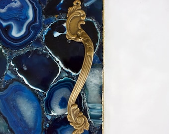 Blue Agate Serving Tray With Brass Handles | Square