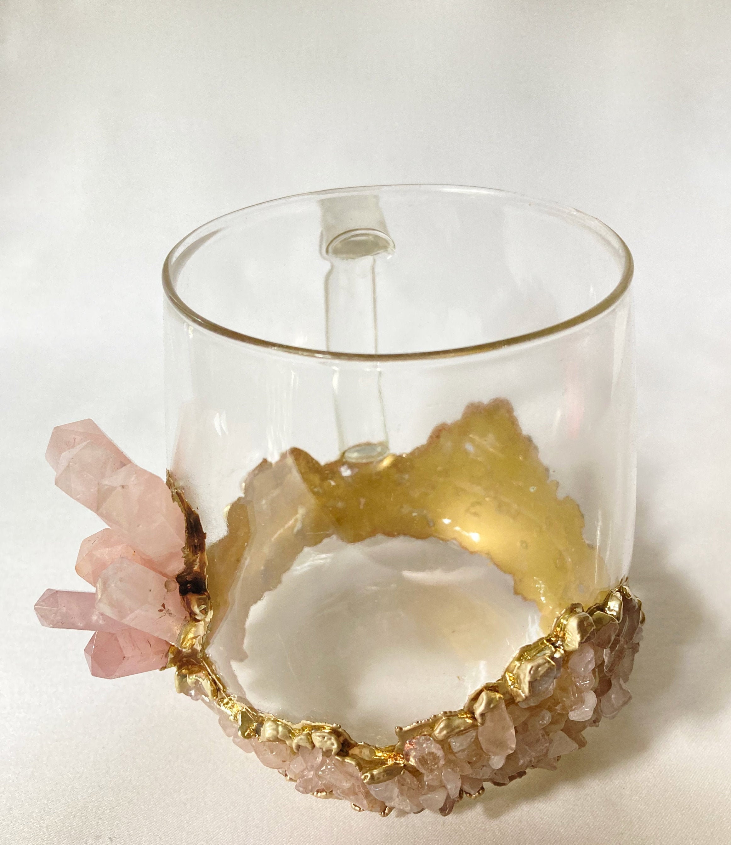 Set of 2 crystal Glass Coffee/tea/juice Mugs With Gold Plated Rose Quartz  Agate/quartz Semi-precious Crystals 17 Oz/500 Ml 