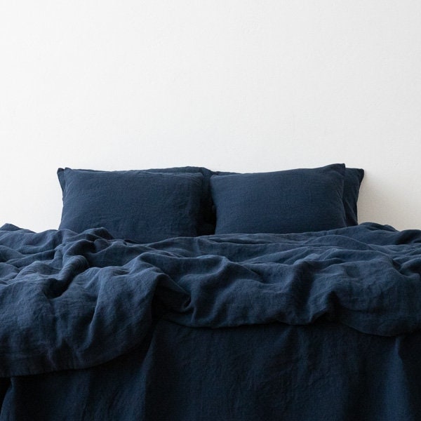 Tiefes Marineblau - 100% reines Leinen | Leinen Baumwollmix | 3 Stück Bettbezug Set | 4 Stück Bettlaken Set | Handarbeit | Vorgewaschen | Weich