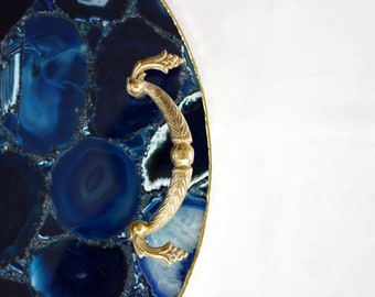Blue Agate Serving Tray With Brass Handles | Circular