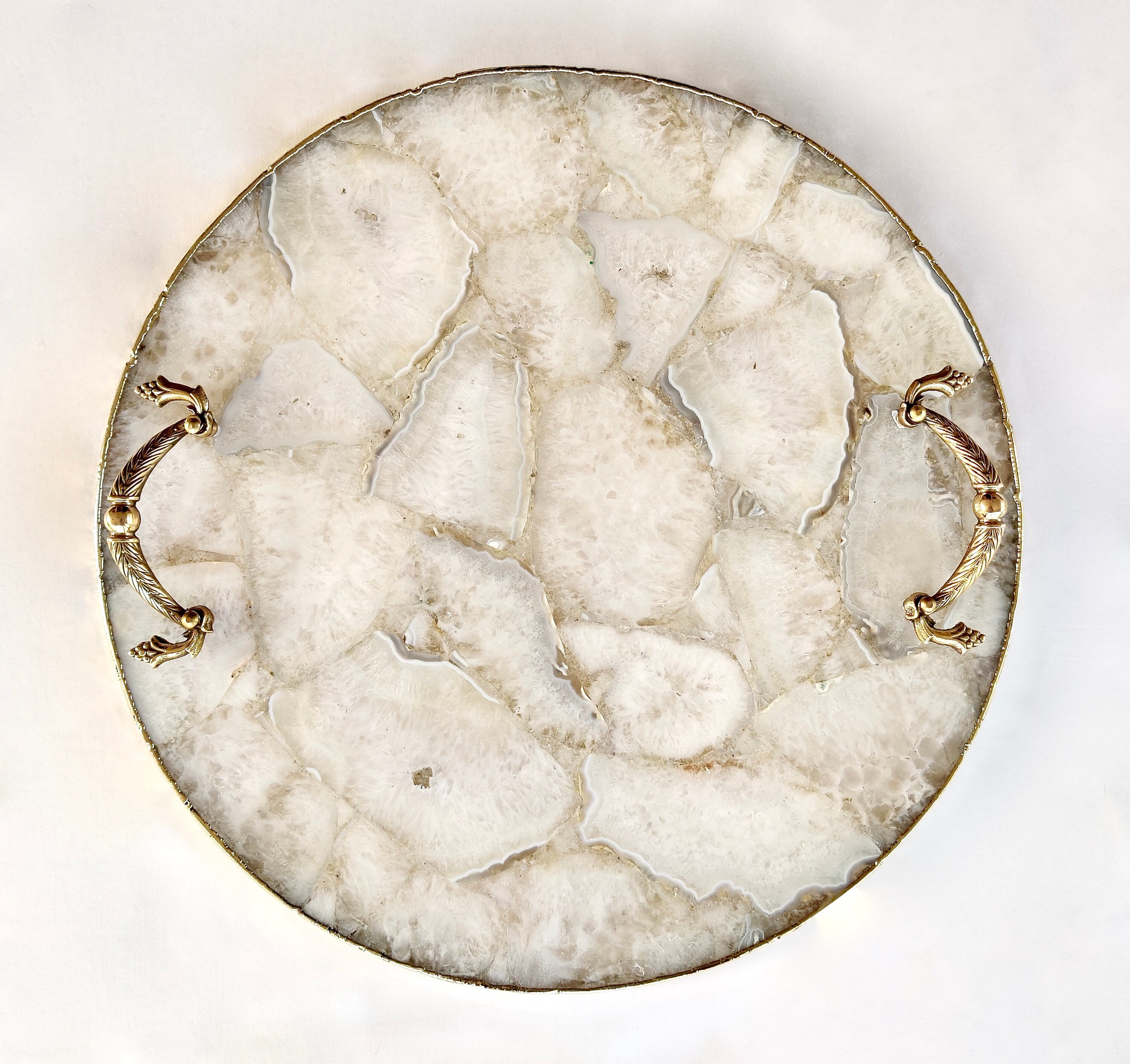 White Agate Serving Tray With Brass Handles Circular Etsy
