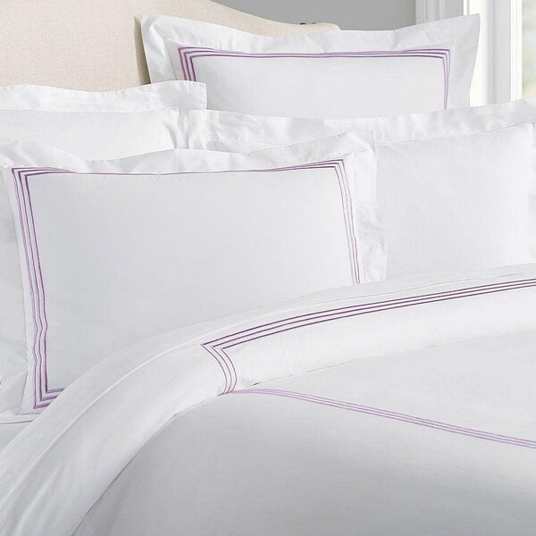 White with Grape Purple - Cotton Sateen, Pure Linen, Linen Cotton Mix | 3 Piece Embroidered Edge Duvet Cover Set | Handmade | Pre-washed