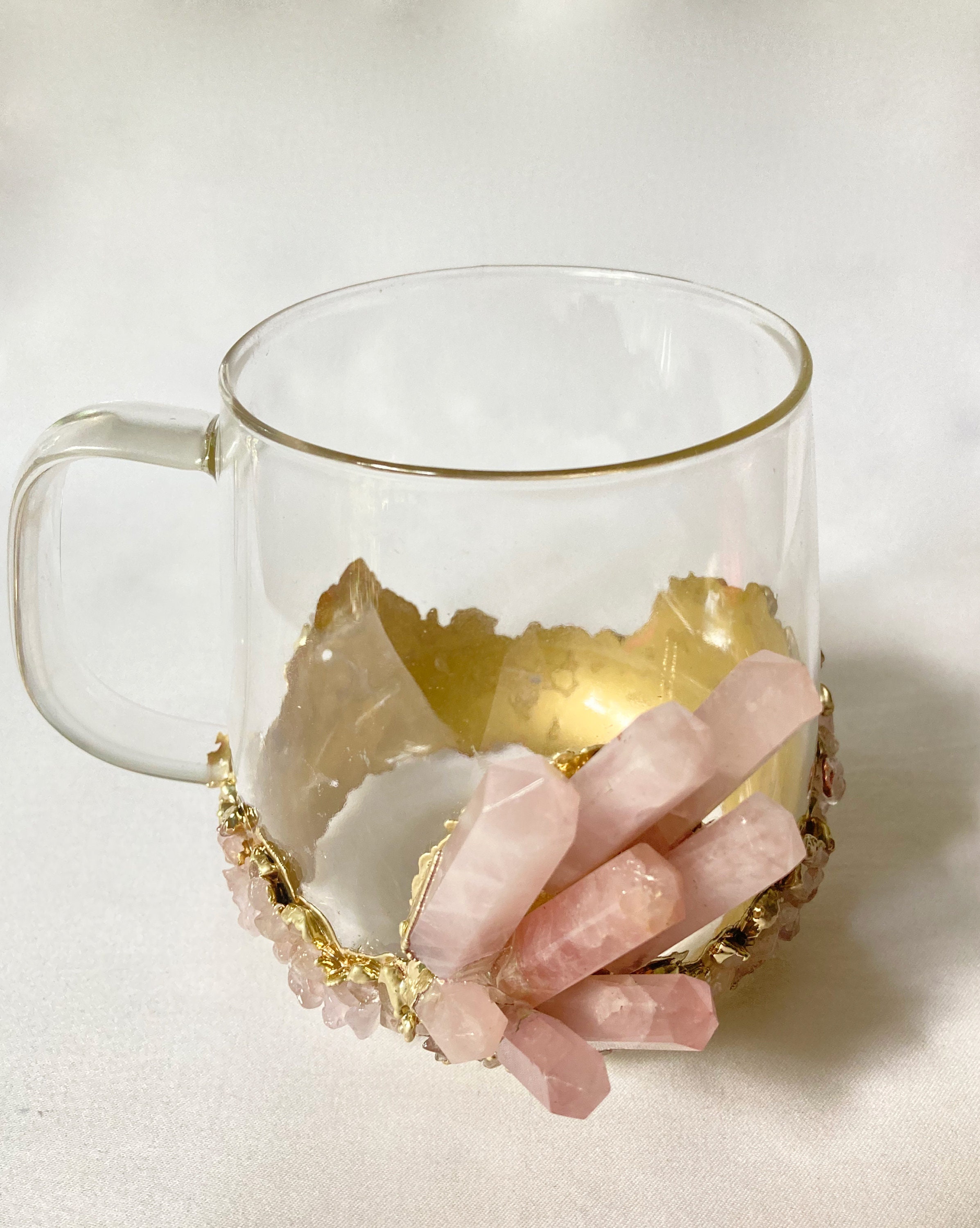 Set of 2 crystal Glass Coffee/tea/juice Mugs With Gold Plated Rose Quartz  Agate/quartz Semi-precious Crystals 17 Oz/500 Ml 