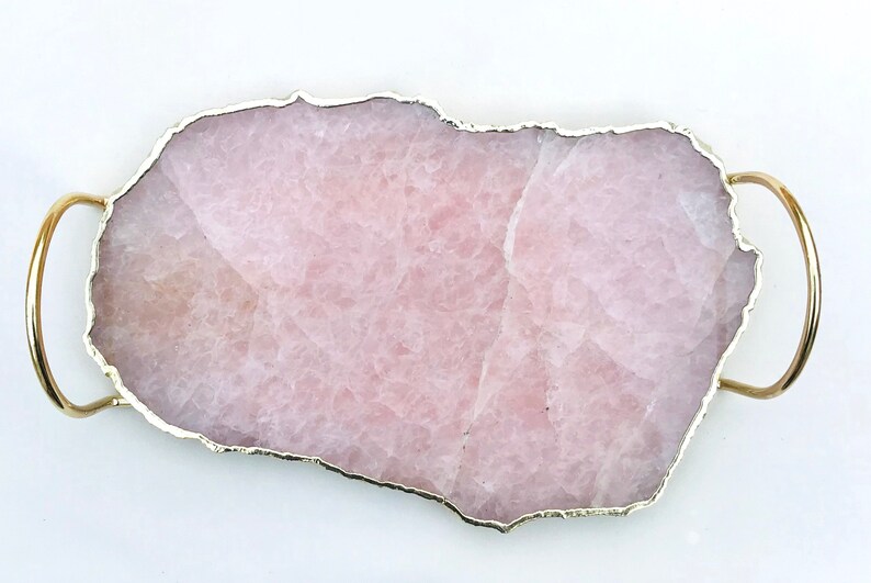 Rose Quartz Agate Serving Tray With Brass Loop Handles Etsy