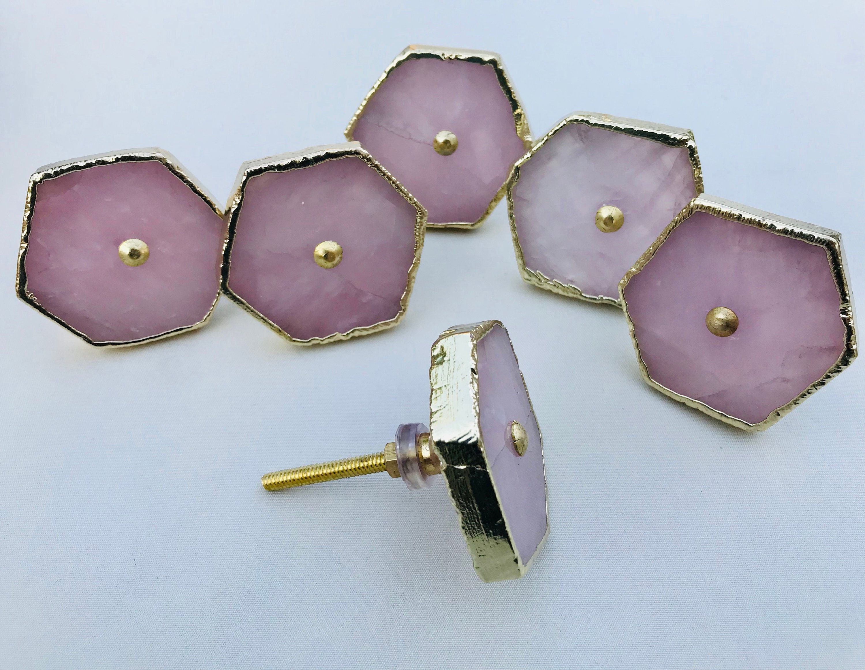 Ensemble de 6 Rose Quartz Hexagone Agate Classic Vintage Finish Cabinet Drawer Pull Wardrobe Dresser